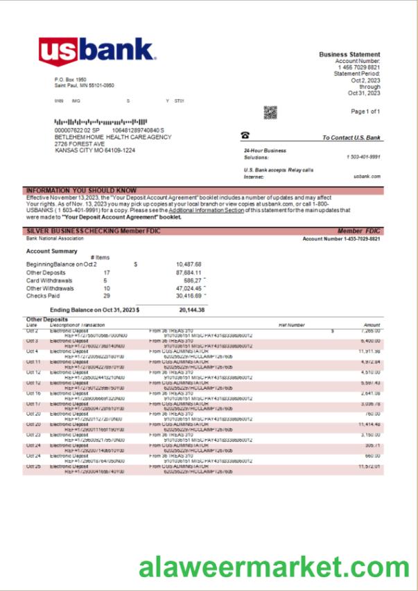 U.S. Bank organization account statement Word and PDF template